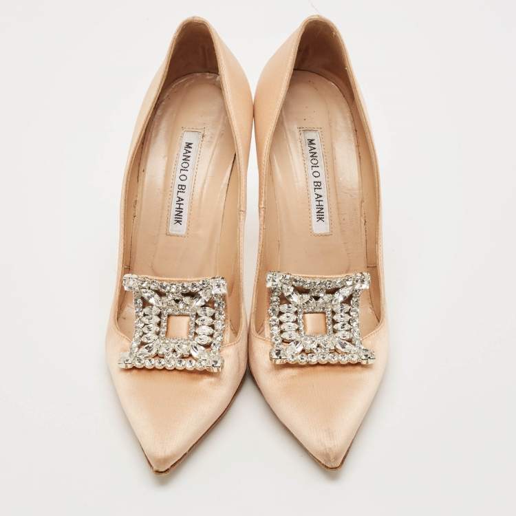Pre Owned Manolo Blahnik Dusty Pink Satin Borlak Crystal Embellished Pumps Size 38.5