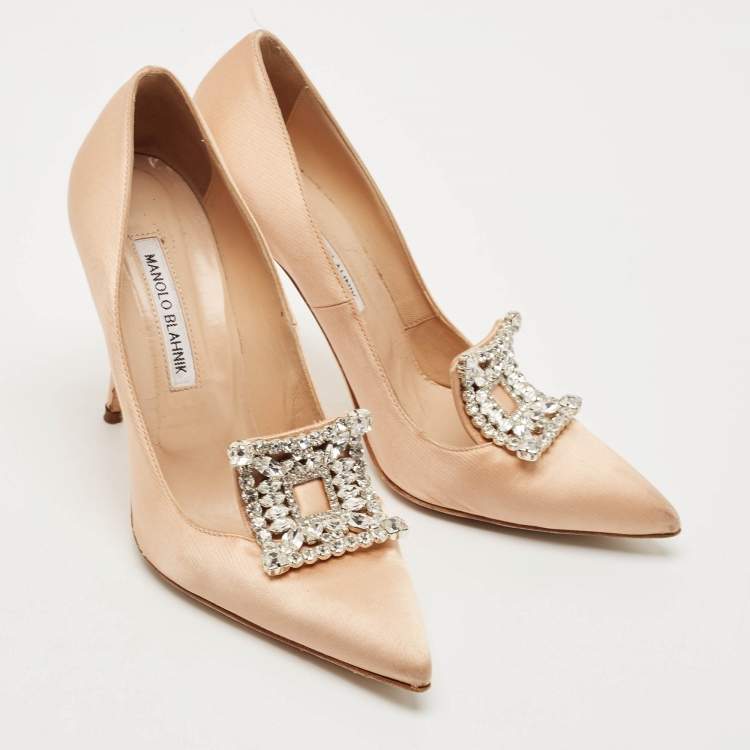 Pre Owned Manolo Blahnik Dusty Pink Satin Borlak Crystal Embellished Pumps Size 38.5