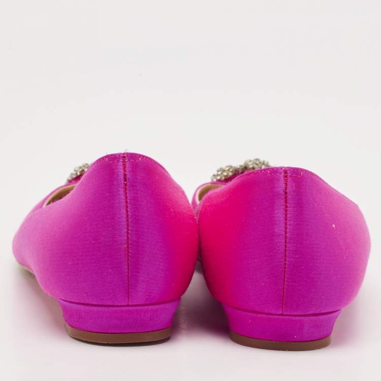 Pre Owned Manolo Blahnik Pink Satin Hangisi Crystal Embellished Ballet Flats Size 40.5