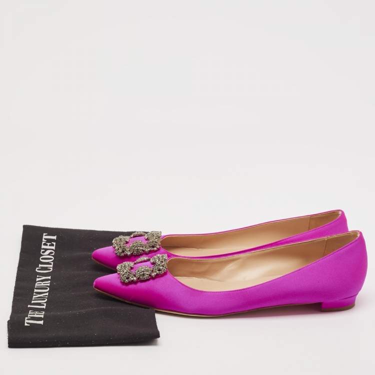 Pre Owned Manolo Blahnik Pink Satin Hangisi Crystal Embellished Ballet Flats Size 40.5