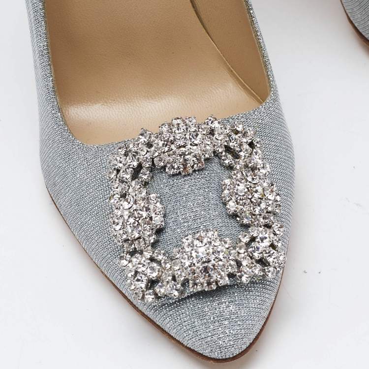 Pre Owned Manolo Blahnik Silver Lurex Fabric Hangisi Pumps Size 37.5