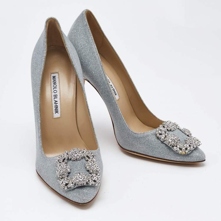 Pre Owned Manolo Blahnik Silver Lurex Fabric Hangisi Pumps Size 37.5