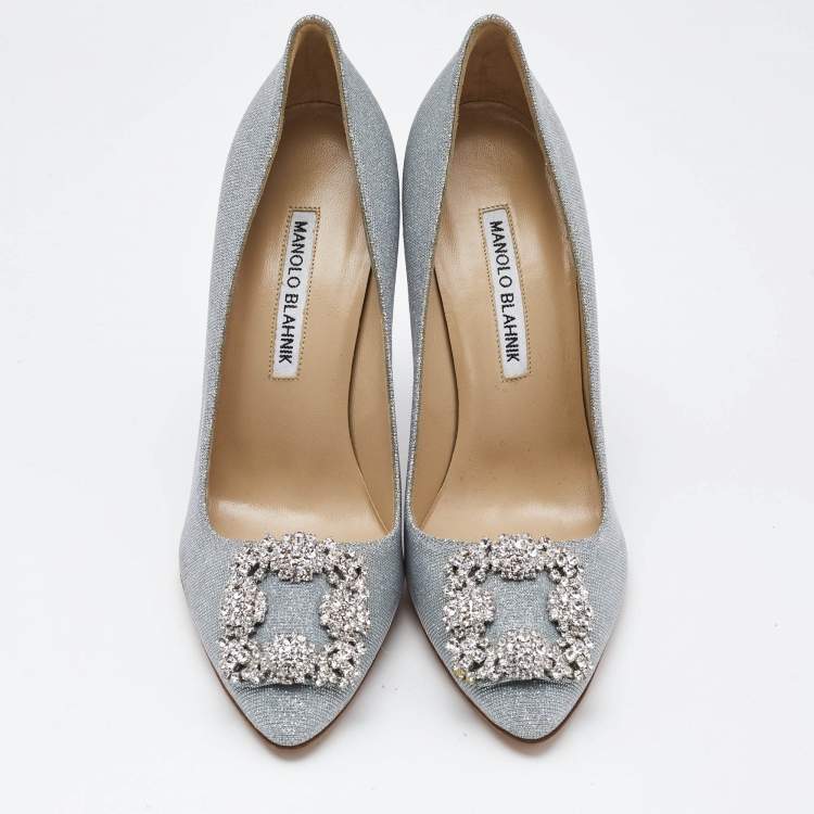 Pre Owned Manolo Blahnik Silver Lurex Fabric Hangisi Pumps Size 37.5