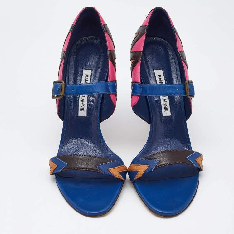 Pre Owned Manolo Blahnik Multicolor Leather Ankle Strap Sandals Size 40.5