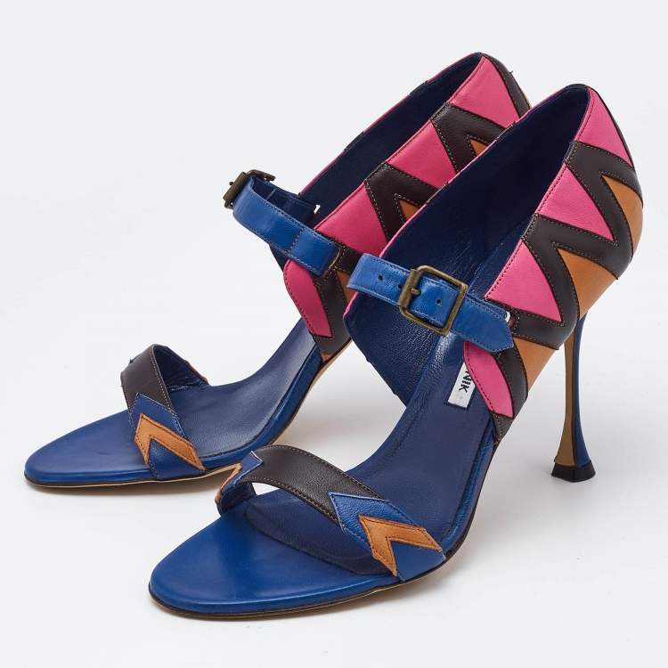Pre Owned Manolo Blahnik Multicolor Leather Ankle Strap Sandals Size 40.5
