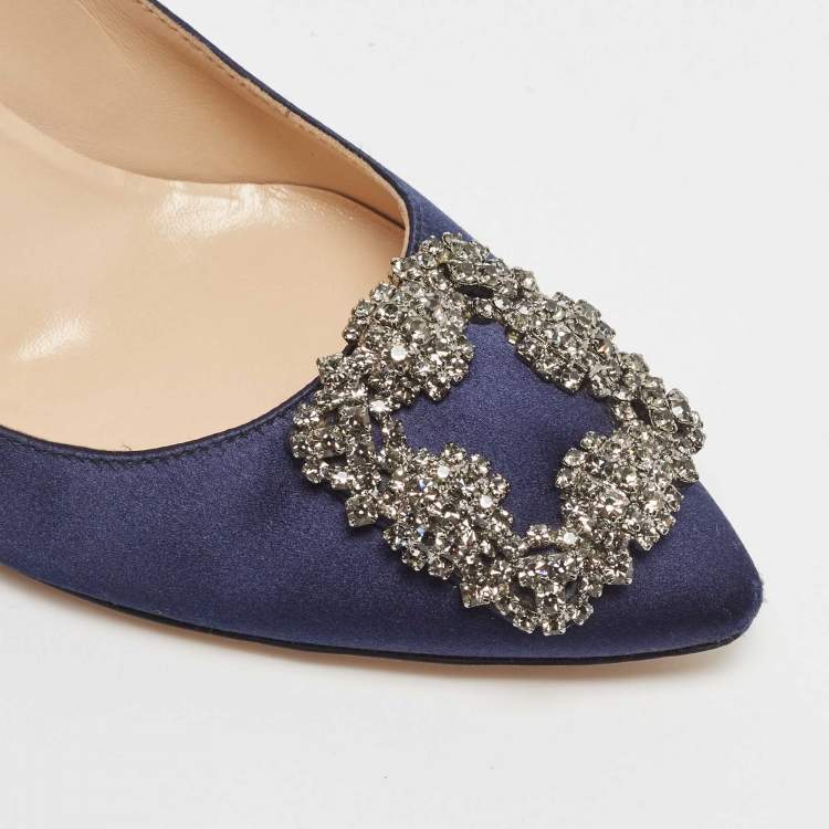 Pre Owned Manolo Blahnik Navy Blue Satin Hangisi Pumps Size 37.5