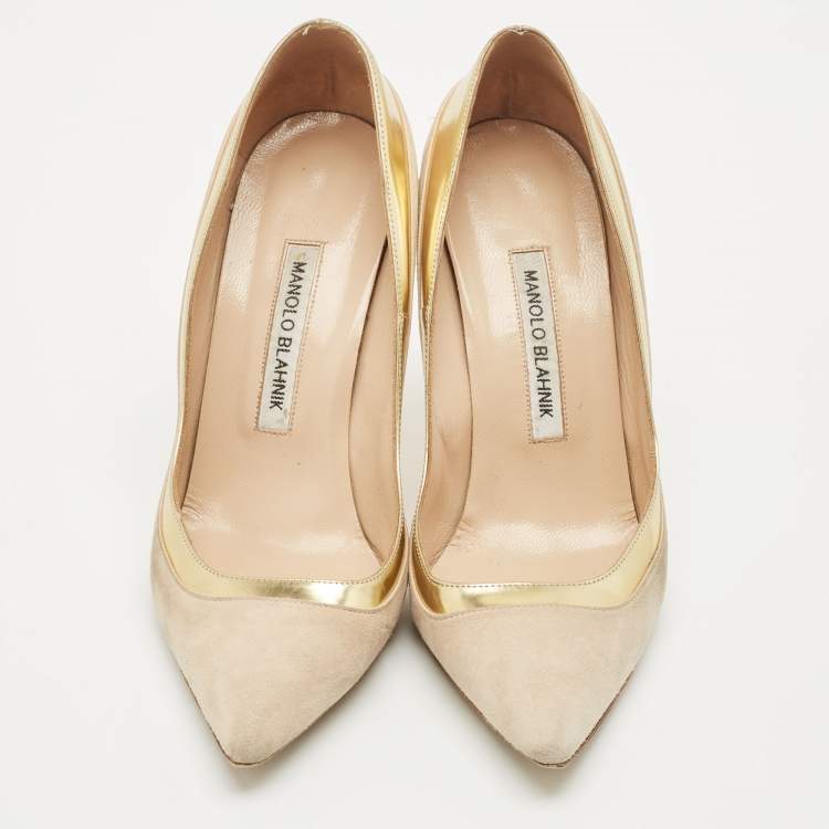 Pre Owned Manolo Blahnik Two Tone Suede Leather Bipunta Pointed Toe Pumps Size 38.5