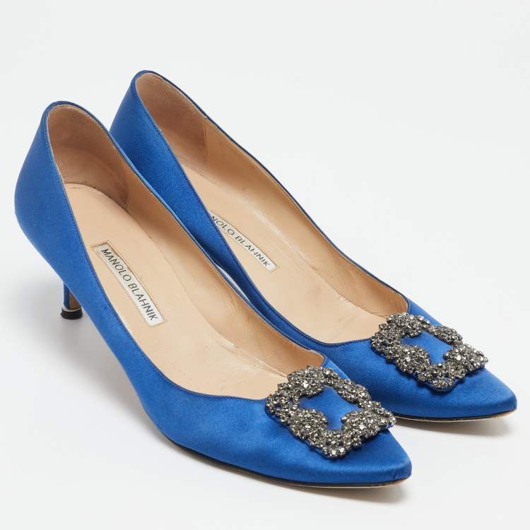 Pre Owned Manolo Blahnik Navy Blue Satin Hangisi Pumps Size 41