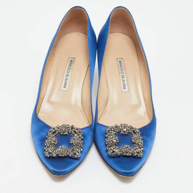 Pre Owned Manolo Blahnik Navy Blue Satin Hangisi Pumps Size 41