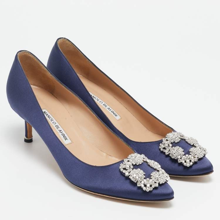 Pre Owned Manolo Blahnik Navy Blue Satin Hangisi Pumps Size 40.5