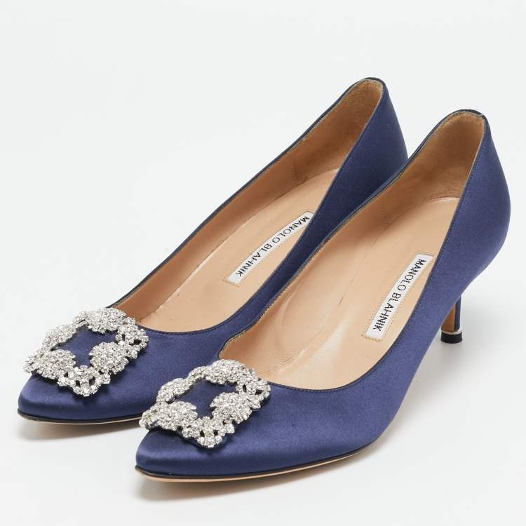 Pre Owned Manolo Blahnik Navy Blue Satin Hangisi Pumps Size 40.5