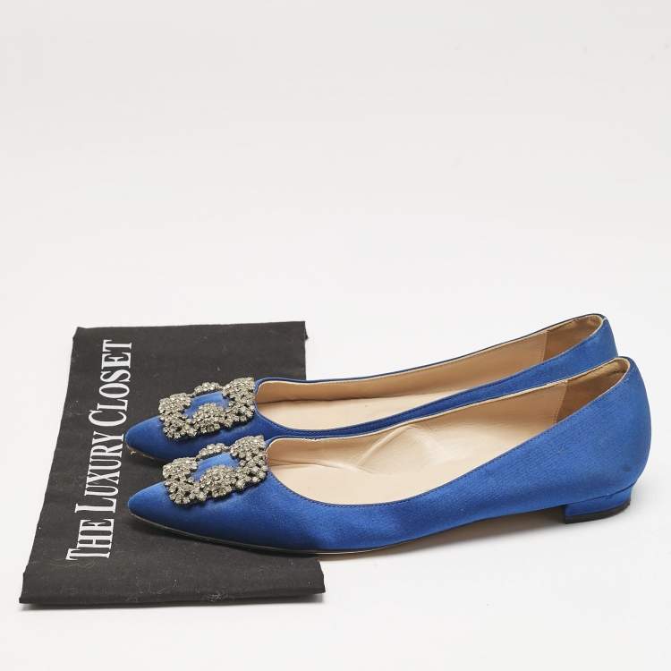 Pre Owned Manolo Blahnik Navy Blue Satin Hangisi Ballet Flats Size 38.5