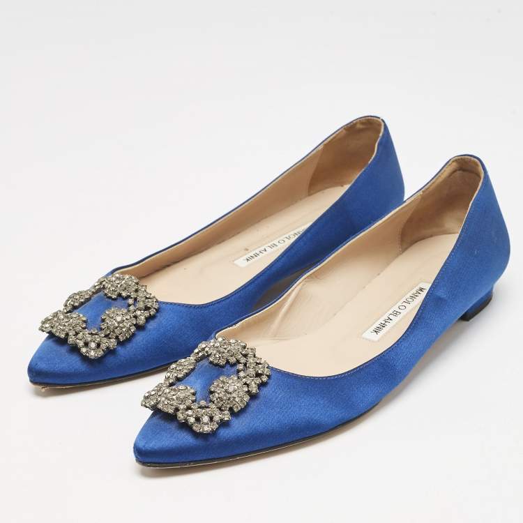 Pre Owned Manolo Blahnik Navy Blue Satin Hangisi Ballet Flats Size 38.5