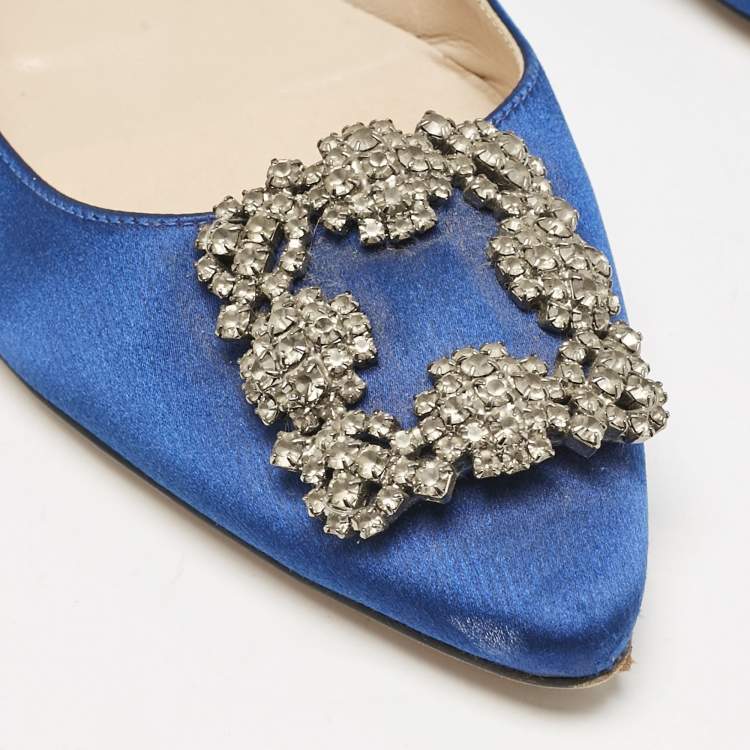 Pre Owned Manolo Blahnik Navy Blue Satin Hangisi Ballet Flats Size 38.5