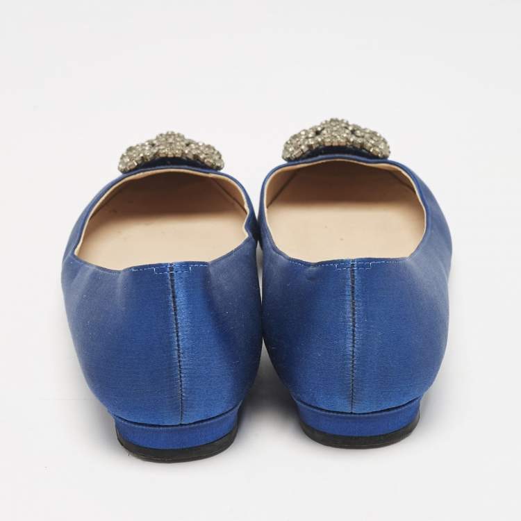 Pre Owned Manolo Blahnik Navy Blue Satin Hangisi Ballet Flats Size 38.5