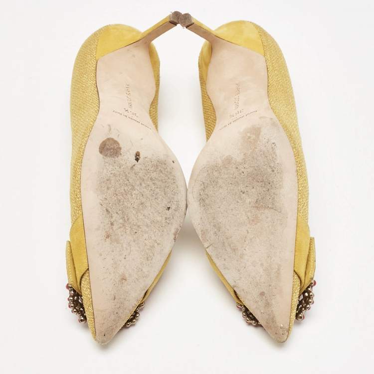 Pre Owned Manolo Blahnik Yellow Canvas and Suede Hangisi Pumps Size 36.5