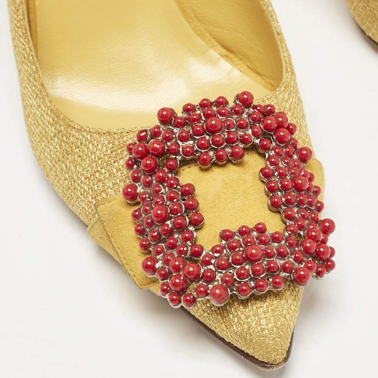 Pre Owned Manolo Blahnik Yellow Canvas and Suede Hangisi Pumps Size 36.5
