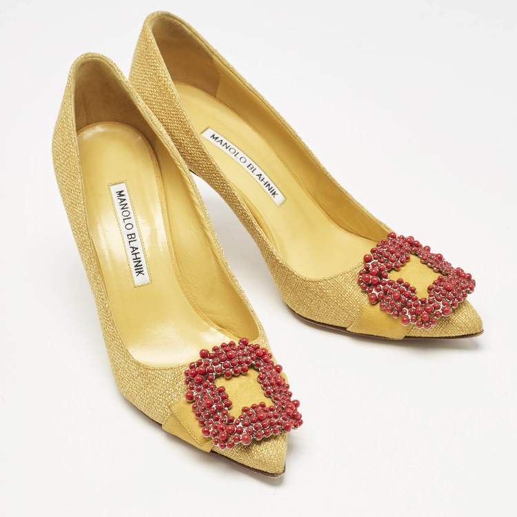 Pre Owned Manolo Blahnik Yellow Canvas and Suede Hangisi Pumps Size 36.5