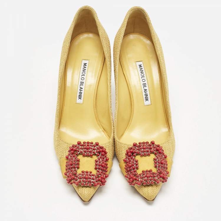 Pre Owned Manolo Blahnik Yellow Canvas and Suede Hangisi Pumps Size 36.5