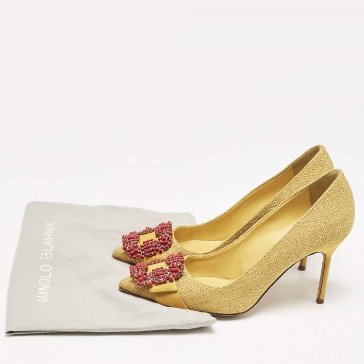 Pre Owned Manolo Blahnik Yellow Canvas and Suede Hangisi Pumps Size 36.5