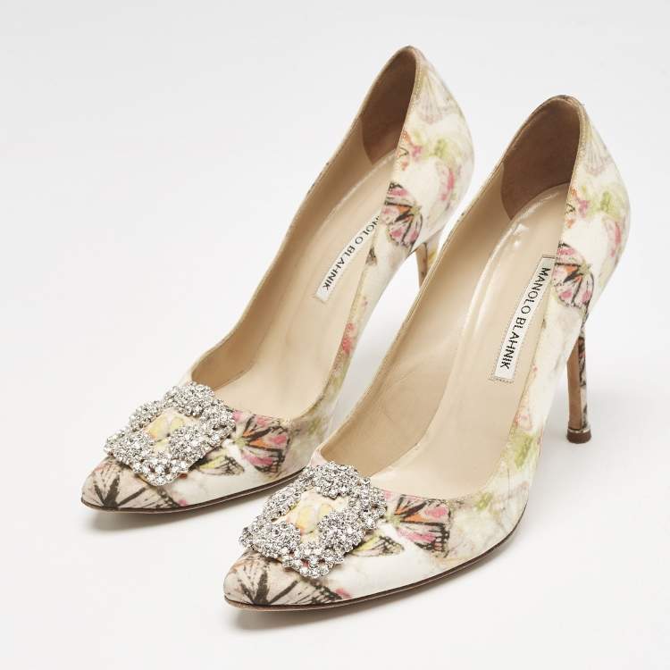 Pre Owned Manolo Blahnik Multicolor Butterfly Print Satin Hangisi Pumps Size 39.5