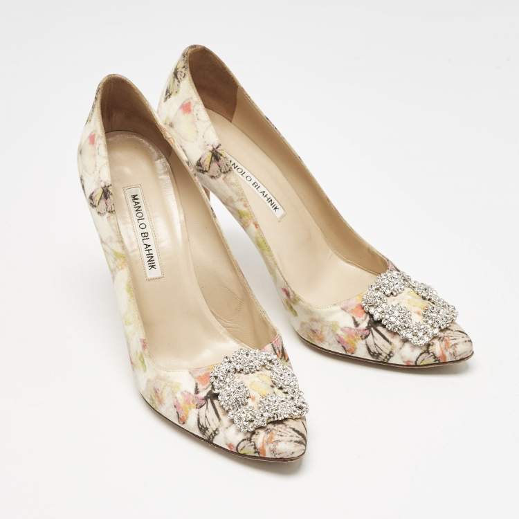 Pre Owned Manolo Blahnik Multicolor Butterfly Print Satin Hangisi Pumps Size 39.5