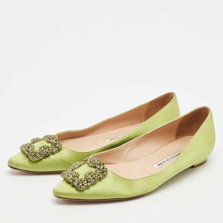 Pre Owned Manolo Blahnik Green Satin Hangisi Crystal Embellished Ballet Flats Size 39.5
