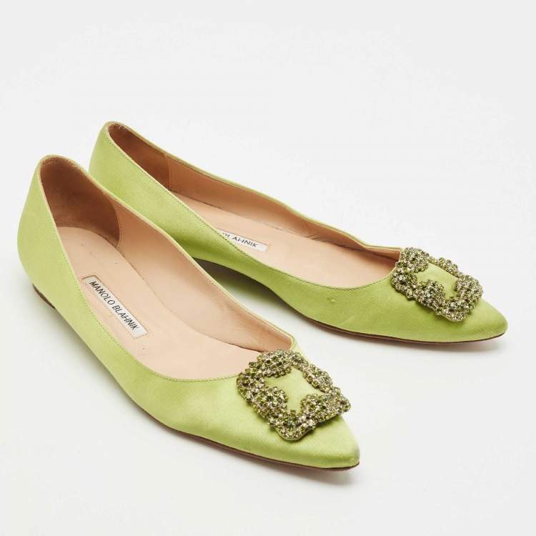 Pre Owned Manolo Blahnik Green Satin Hangisi Crystal Embellished Ballet Flats Size 39.5