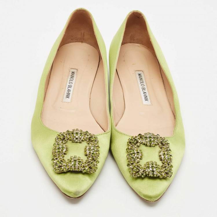 Pre Owned Manolo Blahnik Green Satin Hangisi Crystal Embellished Ballet Flats Size 39.5