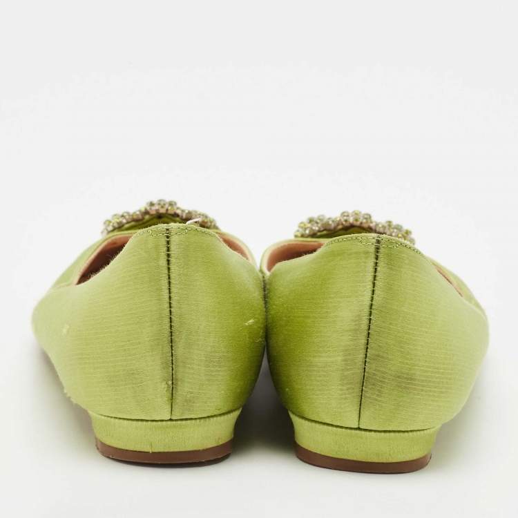 Pre Owned Manolo Blahnik Green Satin Hangisi Crystal Embellished Ballet Flats Size 39.5