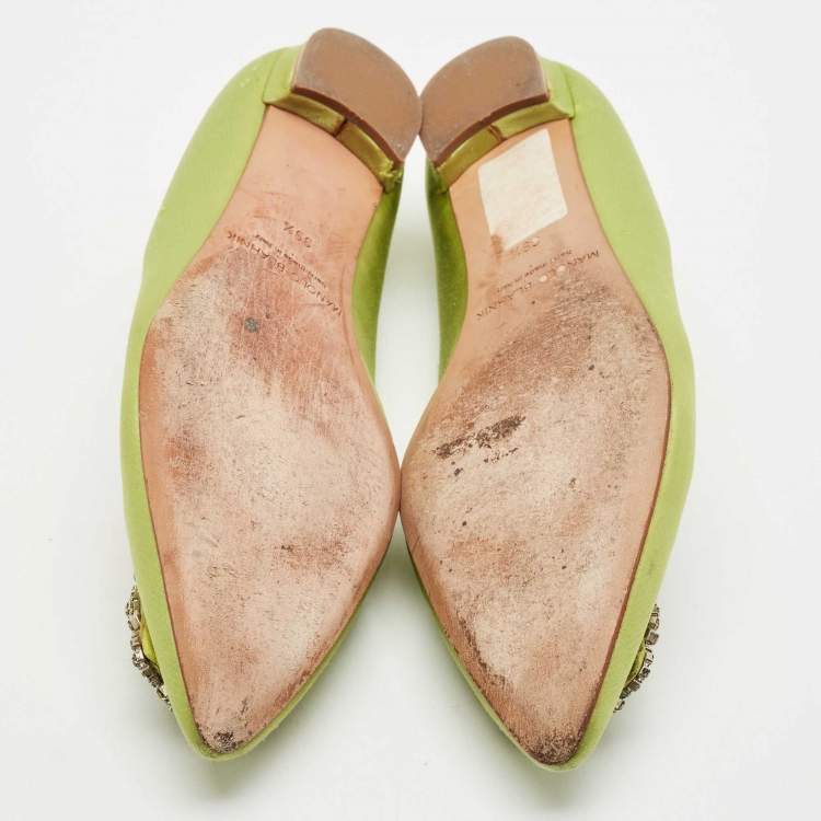 Pre Owned Manolo Blahnik Green Satin Hangisi Crystal Embellished Ballet Flats Size 39.5