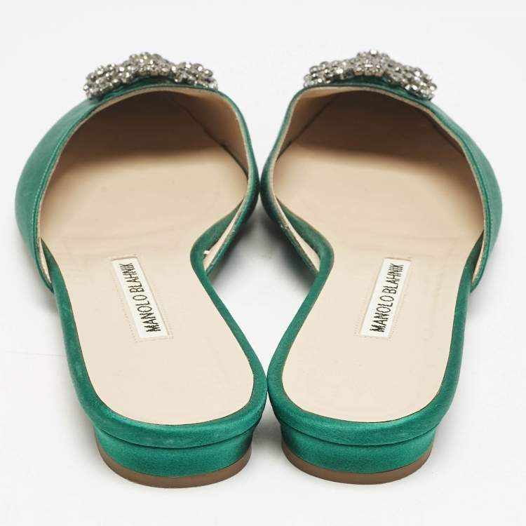 Pre Owned Manolo Blahnik Green Satin Hangisi Crystal Embellished Flat Mules Size 38