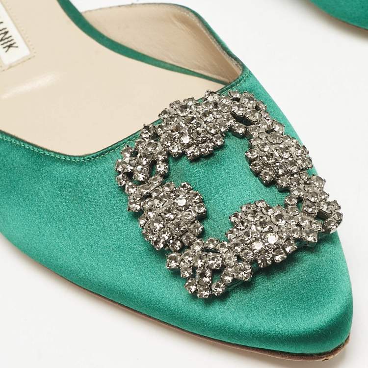 Pre Owned Manolo Blahnik Green Satin Hangisi Crystal Embellished Flat Mules Size 38