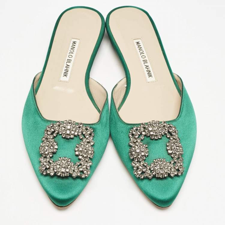 Pre Owned Manolo Blahnik Green Satin Hangisi Crystal Embellished Flat Mules Size 38