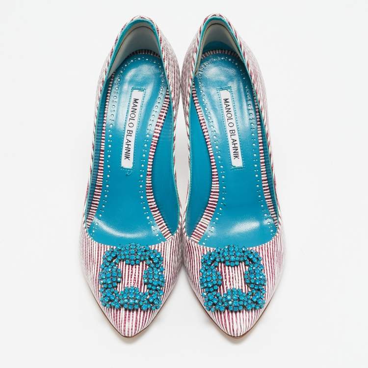Pre Owned Manolo Blahnik Red/White Stripe Leather Hangisi Crystal Embellished Pumps Size 37