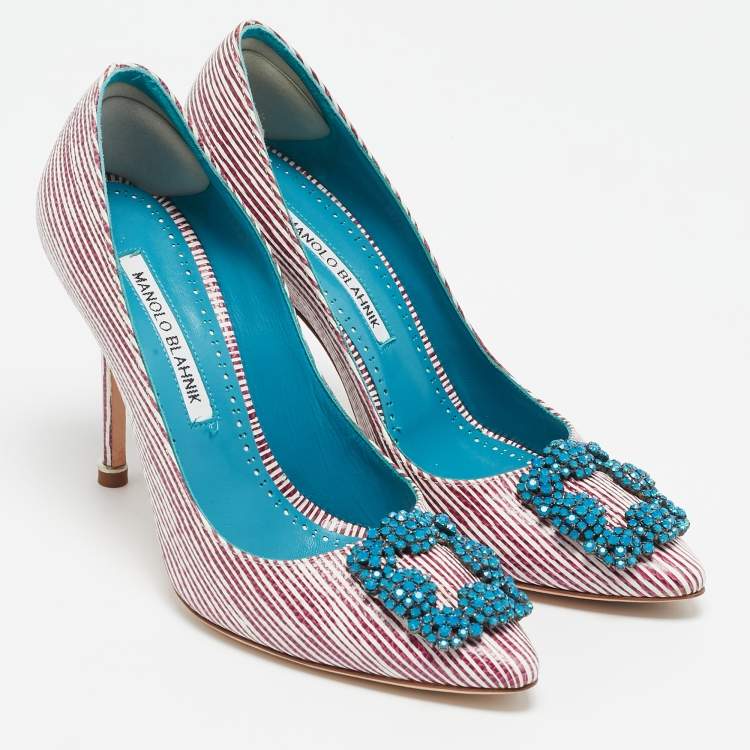 Pre Owned Manolo Blahnik Red/White Stripe Leather Hangisi Crystal Embellished Pumps Size 37