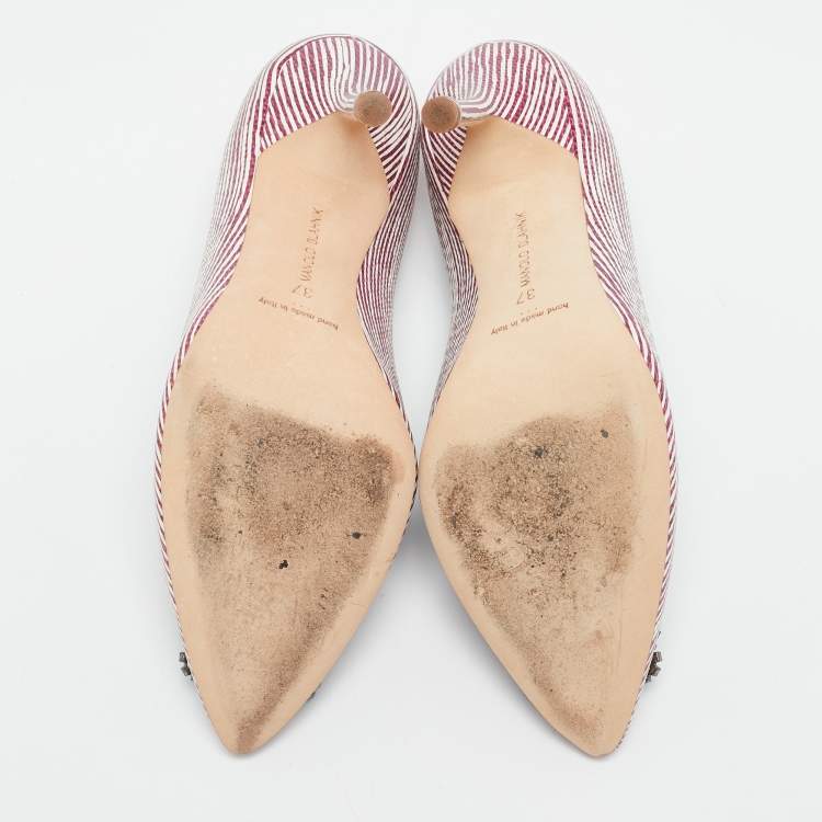 Pre Owned Manolo Blahnik Red/White Stripe Leather Hangisi Crystal Embellished Pumps Size 37