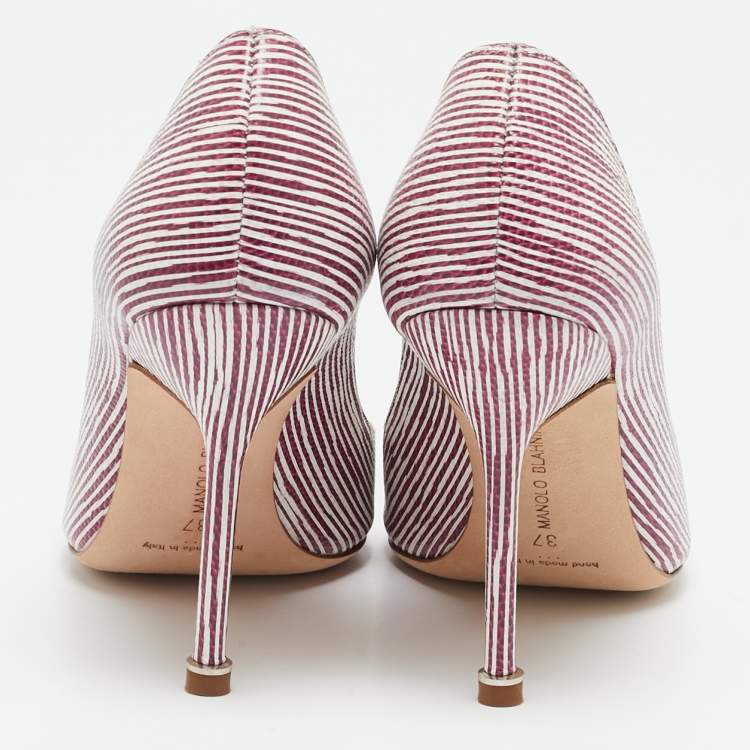 Pre Owned Manolo Blahnik Red/White Stripe Leather Hangisi Crystal Embellished Pumps Size 37