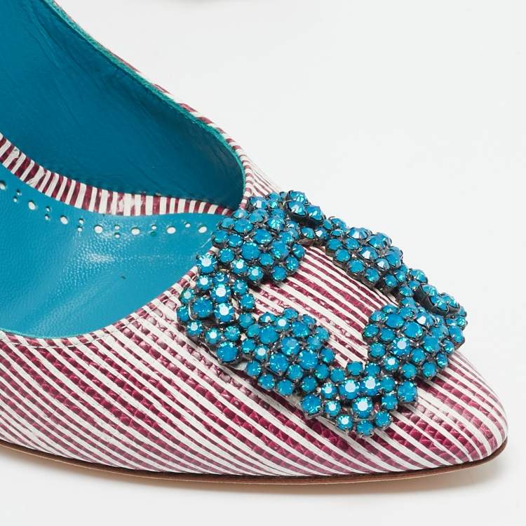 Pre Owned Manolo Blahnik Red/White Stripe Leather Hangisi Crystal Embellished Pumps Size 37