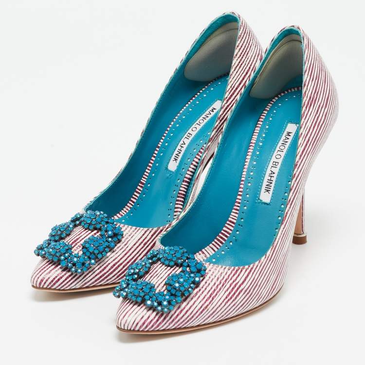 Pre Owned Manolo Blahnik Red/White Stripe Leather Hangisi Crystal Embellished Pumps Size 37