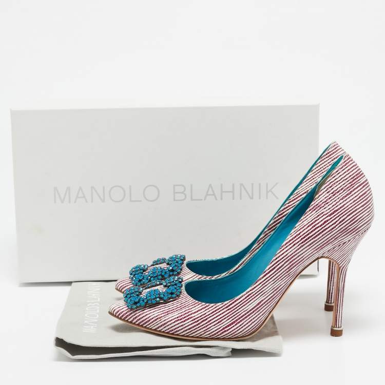 Pre Owned Manolo Blahnik Red/White Stripe Leather Hangisi Crystal Embellished Pumps Size 37