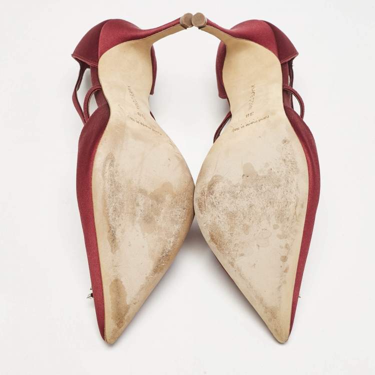 Pre Owned Manolo Blahnik Burgundy Satin Crystal Embellished Lala Pumps Size 38