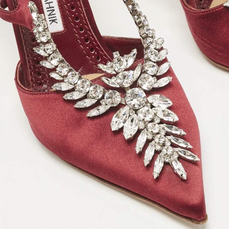Pre Owned Manolo Blahnik Burgundy Satin Crystal Embellished Lala Pumps Size 38