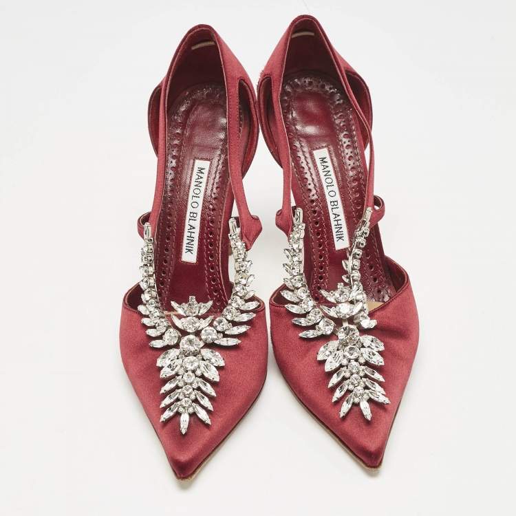 Pre Owned Manolo Blahnik Burgundy Satin Crystal Embellished Lala Pumps Size 38