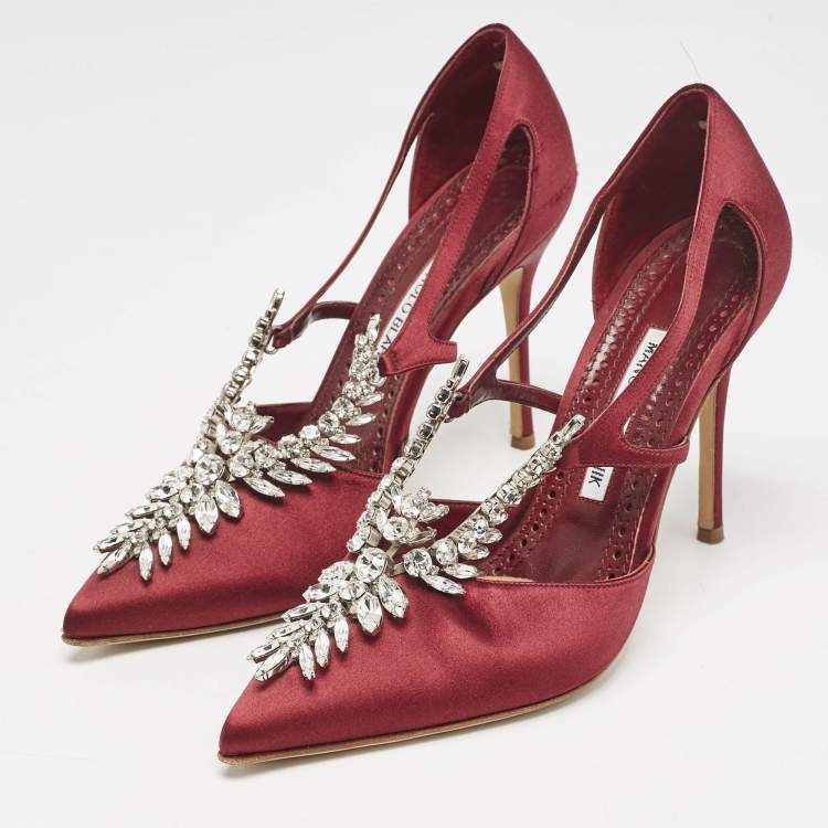 Pre Owned Manolo Blahnik Burgundy Satin Crystal Embellished Lala Pumps Size 38