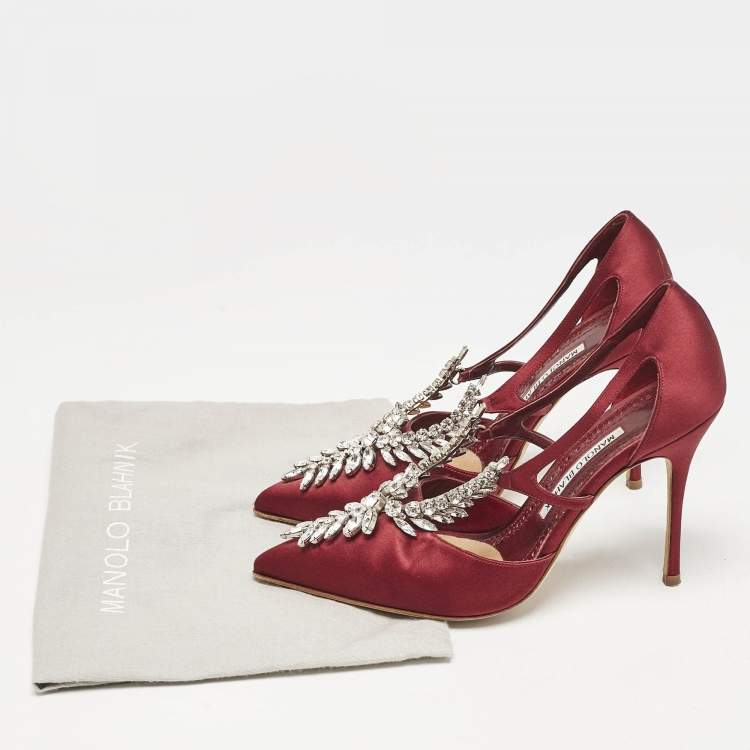 Pre Owned Manolo Blahnik Burgundy Satin Crystal Embellished Lala Pumps Size 38