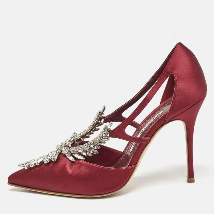 Pre Owned Manolo Blahnik Burgundy Satin Crystal Embellished Lala Pumps Size 38