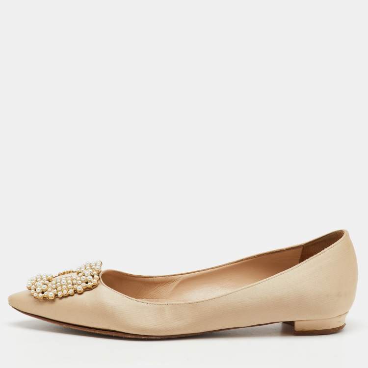 Pre Owned Manolo Blahnik Champange Satin Hangisi Ballet Flats Size 37 
