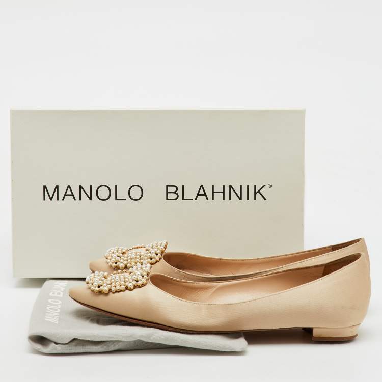 Pre Owned Manolo Blahnik Champange Satin Hangisi Ballet Flats Size 37 