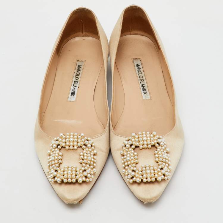 Pre Owned Manolo Blahnik Champange Satin Hangisi Ballet Flats Size 37 